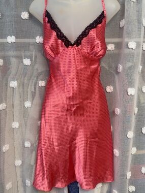Y2K George Pink & Black Polka Dot Slip Dress with Lace Trim